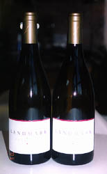 加州酒鄉 Sonoma County 的 Landmark 酒莊○三年度兩支新酒，右為 2000 Damaris Chardonnay ，左為 2001 Overlook Chardonnay ，都是白酒。