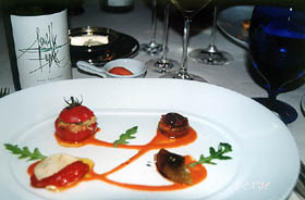 番茄四吃(A Tomato Collection : Vegetable Stuffed Tomato, Tomato Confit with Marinated Mozzarella, Napoleon of Tomato, Bell Pepper and Olive ) 
