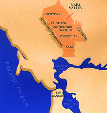 加州 Napa Valley Vintners Association 艿柏谷酒商協會公佈的地區地圖，Girard Winery 屬於該區優秀酒莊之一，位於艿柏中部 Oakville 區，距離金山市以南約六十里。
