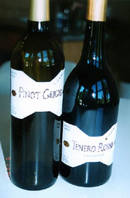 Cosentino Winery 新酒兩種，右為 2000 Tenero Rosso 混合紅酒，包括四種葡萄。左為 2001 Pinot Grigio 白酒，純用意國移來的葡萄。